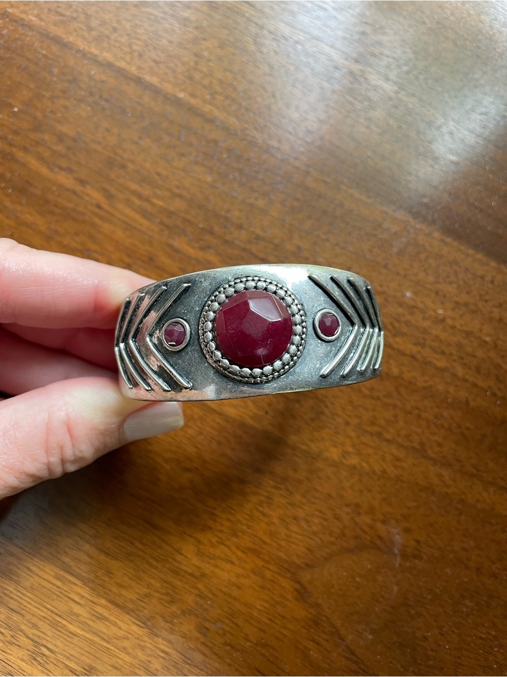 Lucky Brand Silver-Tone Cuff Bracelet with Deep Red Stones